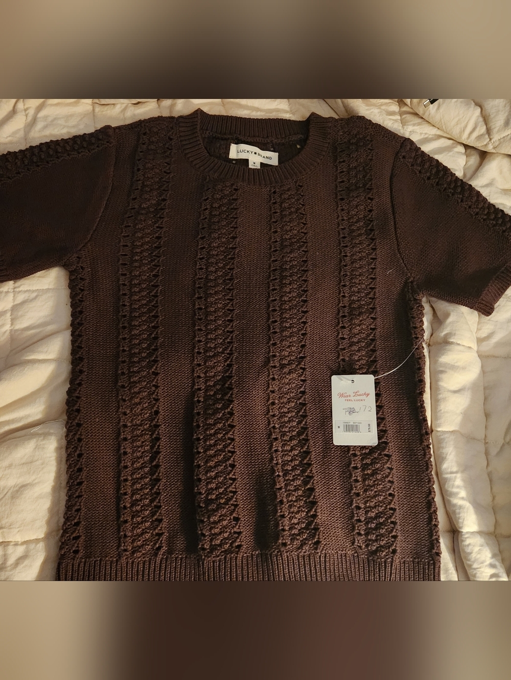 NWT Lucky Brand Brown Cable-Knit Crewneck Sweater